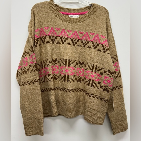 Lucky Brand Tan and Pink Crew Neck Sweater with Nordic Pattern - Picture 2 of 8